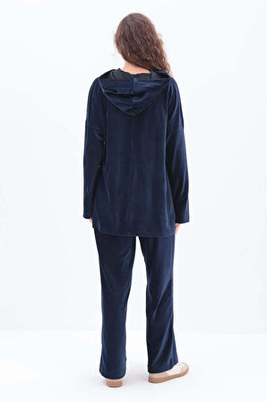 İndigo-KAPÜŞONLU KANGURU CEPLİ PANTOLONLU TAKIM