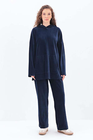 İndigo-KAPÜŞONLU KANGURU CEPLİ PANTOLONLU TAKIM