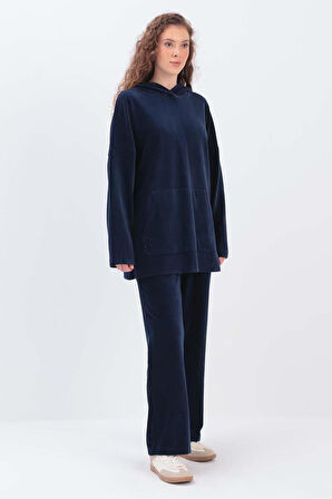 İndigo-KAPÜŞONLU KANGURU CEPLİ PANTOLONLU TAKIM