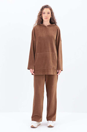 Açık Kahve-KAPÜŞONLU KANGURU CEPLİ PANTOLONLU TAKIM