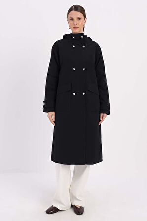 Siyah-KAPÜŞONLU CEPLİ APOLETLİ TRENÇKOT