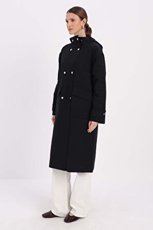 Siyah-KAPÜŞONLU CEPLİ APOLETLİ TRENÇKOT