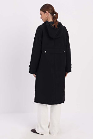 Siyah-KAPÜŞONLU CEPLİ APOLETLİ TRENÇKOT