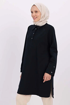 Lacivert-GÖMLEK YAKA YARIM PATLI YIRTMAÇLI TUNİK