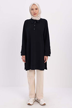 Lacivert-GÖMLEK YAKA YARIM PATLI YIRTMAÇLI TUNİK