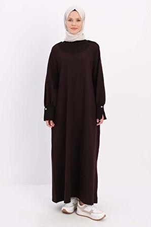 Acı Kahve-Pamuklu Kolları Düğmeli Apoletli Elbise