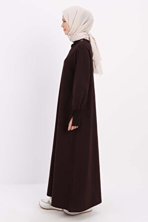 Acı Kahve-Pamuklu Kolları Düğmeli Apoletli Elbise