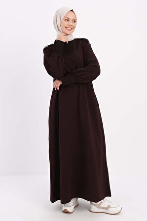 Acı Kahve-Pamuklu Kolları Düğmeli Apoletli Elbise