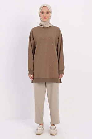 Vizon-Taşlı Sweat Tunik