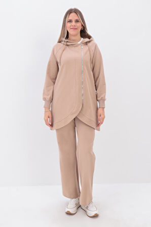 Bej-Yandan Fermuarlı Cepli Eşofman Takımı