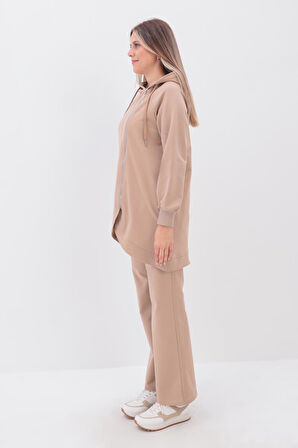 Bej-Yandan Fermuarlı Cepli Eşofman Takımı