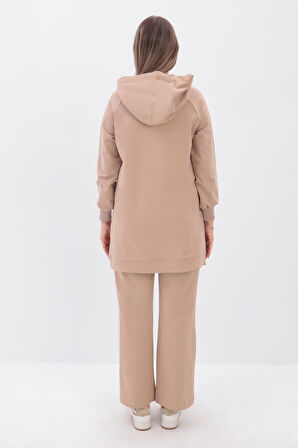 Bej-Yandan Fermuarlı Cepli Eşofman Takımı