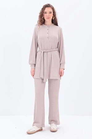 Vizon-Yarım Patlı Kuşaklı Pantolonlu Takım