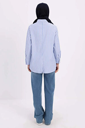 Koyu Mavi-Beyaz-ARKASI YIRTMAÇLI APARTURALI ÇİZGİLİ GÖMLEK