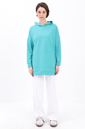 Turkuaz-Kapüşonlu Sweat Tunik