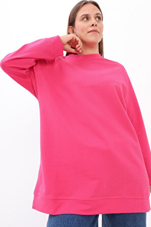 Fuşya-Bisiklet Yaka Reglan Kol Sweatshirt