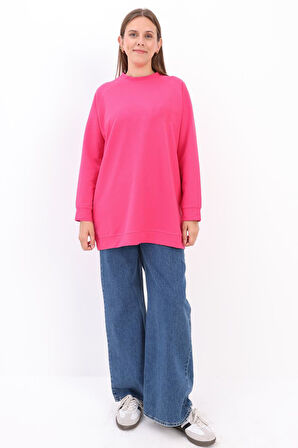 Fuşya-Bisiklet Yaka Reglan Kol Sweatshirt