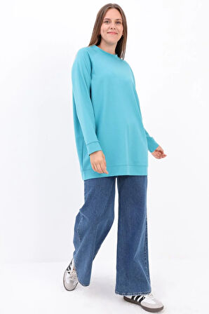 Turkuaz-Bisiklet Yaka Reglan Kol Sweatshirt