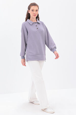 Gri-Yanları Fermuarlı Yakalı Sweat Tunik