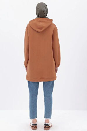 Açık Kiremit-Kulplu Kapüşonlu Sweat Tunik