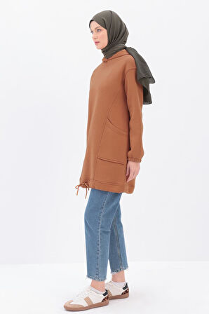 Açık Kiremit-Kulplu Kapüşonlu Sweat Tunik