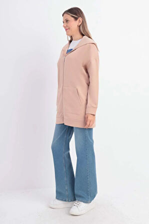 Koyu Bej-Fermuarlı Sweat Hırka