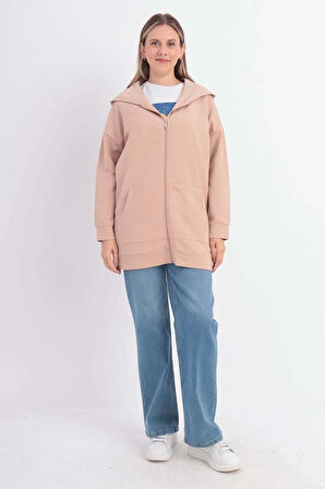 Koyu Bej-Fermuarlı Sweat Hırka