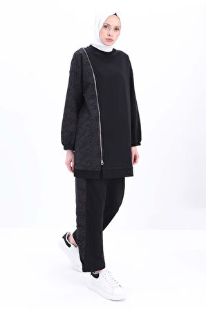 Siyah-Büyük Beden Fisto Garnili Pantolonlu Takım