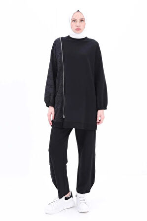 Siyah-Büyük Beden Fisto Garnili Pantolonlu Takım