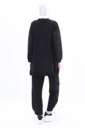 Siyah-Büyük Beden Fisto Garnili Pantolonlu Takım