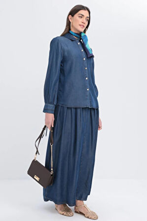 Koyu Mavi-Belden Bağlamalı Viskon Gömlek Tunik