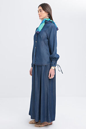 Koyu Mavi-Belden Bağlamalı Viskon Gömlek Tunik
