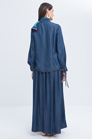 Koyu Mavi-Belden Bağlamalı Viskon Gömlek Tunik
