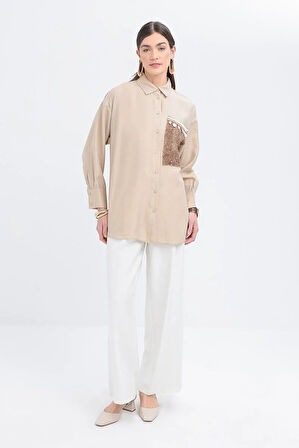 Bej-File Garnili Gömlek Tunik
