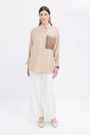 Bej-File Garnili Gömlek Tunik