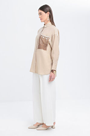 Bej-File Garnili Gömlek Tunik