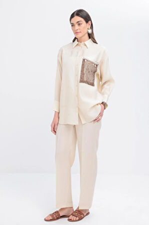 Ekru-File Garnili Gömlek Tunik