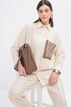 Ekru-File Garnili Gömlek Tunik