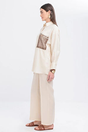 Ekru-File Garnili Gömlek Tunik