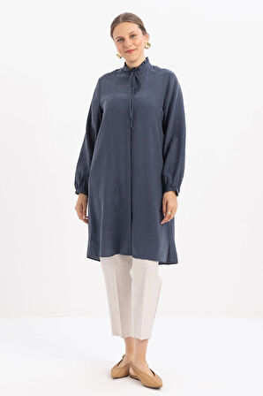 İndigo-Yakası Fırfırlı Bağcıklı Uzun Gömlek