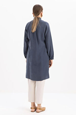 İndigo-Yakası Fırfırlı Bağcıklı Uzun Gömlek