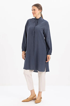 İndigo-Yakası Fırfırlı Bağcıklı Uzun Gömlek