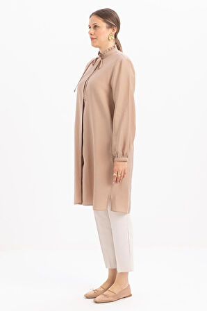 Vizon-Yakası Fırfırlı Bağcıklı Uzun Gömlek