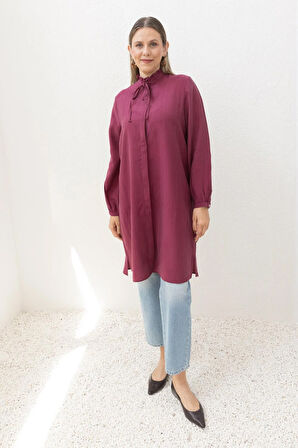 Vişne-Yakası Fırfırlı Bağcıklı Uzun Gömlek