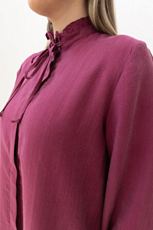 Vişne-Yakası Fırfırlı Bağcıklı Uzun Gömlek