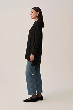 Siyah-Kırışık Efektli Şık Poplin Gömlek