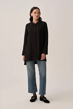 Siyah-Kırışık Efektli Şık Poplin Gömlek