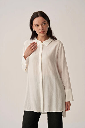 Beyaz-Kırışık Efektli Şık Poplin Gömlek