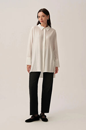 Beyaz-Kırışık Efektli Şık Poplin Gömlek