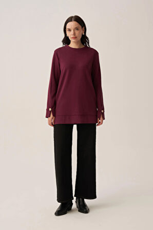 Bordo-Yumuşak Dokulu Gold Dügmeli Sweatshirt
